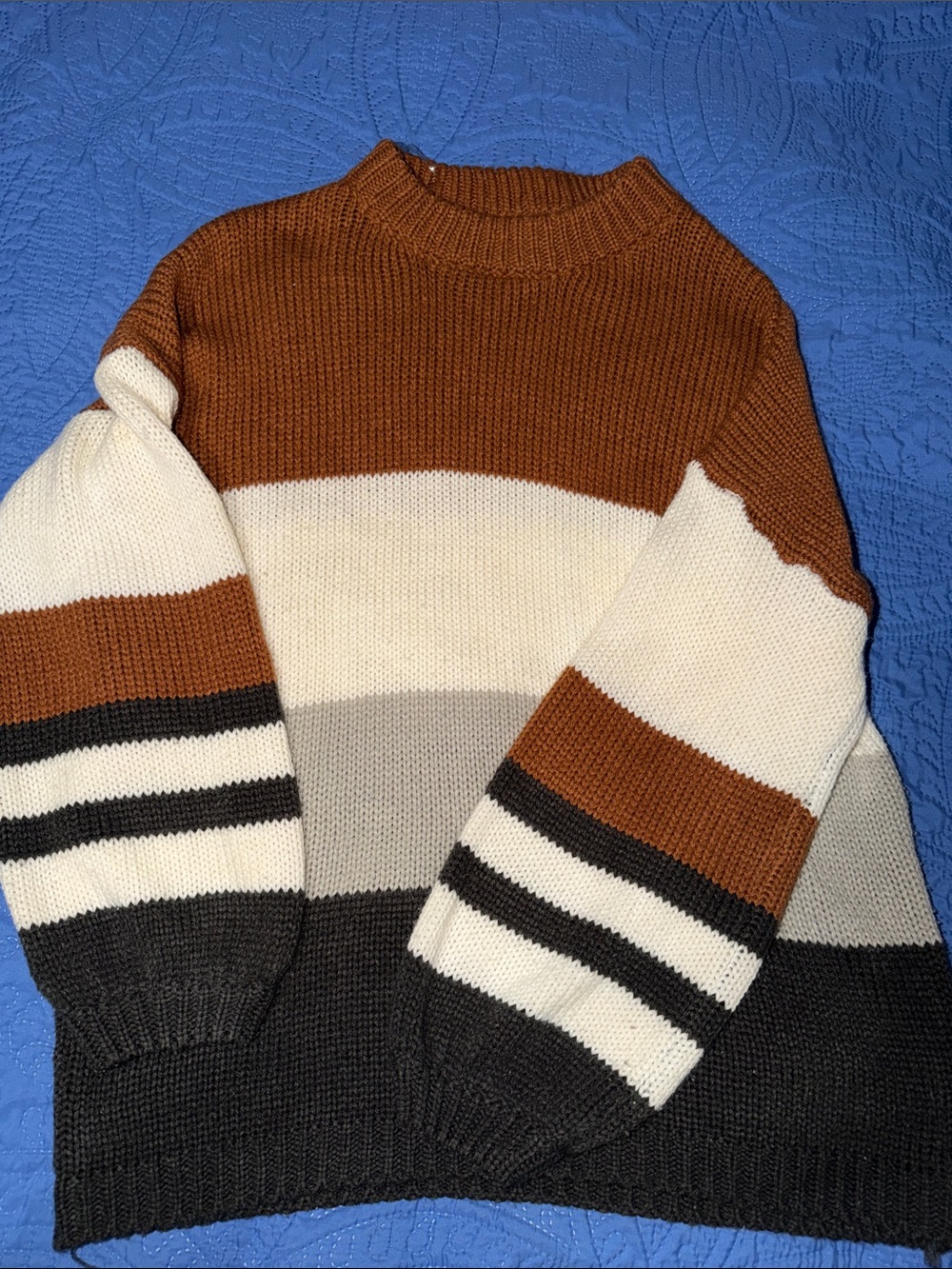 Entro Size Large Cozy Striped Knit Sweater in Rust, Cream, Gray, and Black